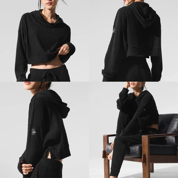 Alo Yoga Muse Ribbed 2 Piece Set Crop Hoodie Jogger Sweatpants Small *Read/Flaw - Picture 4 of 16